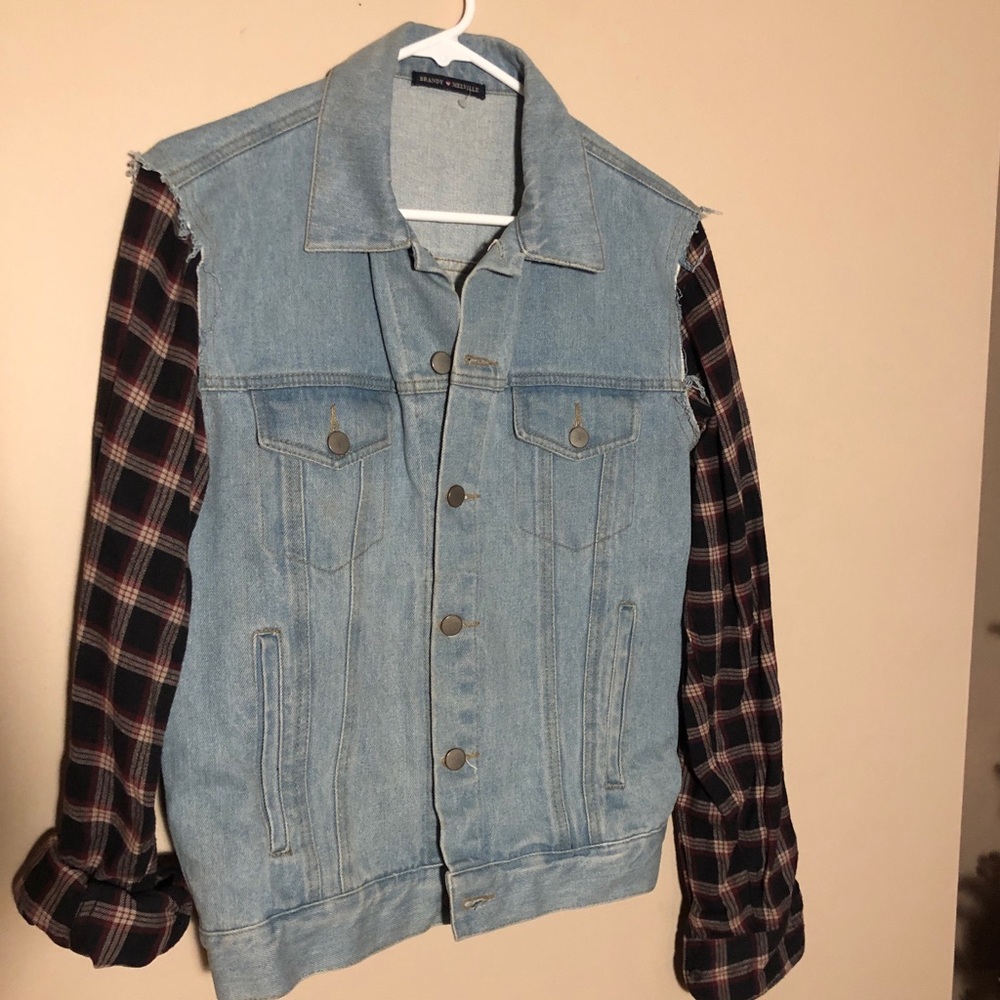 Rugged Denim jacket with plaid sleeves